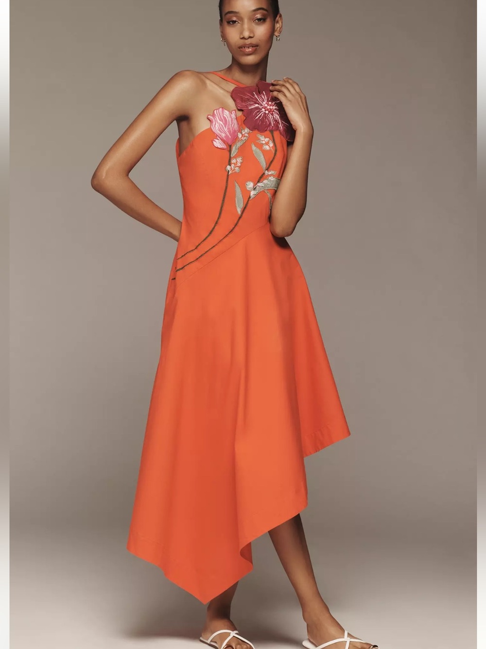 Anthropologie NWT by Yukiko Noritake Asymmetrical Floral Midi Dress Orange sz 8